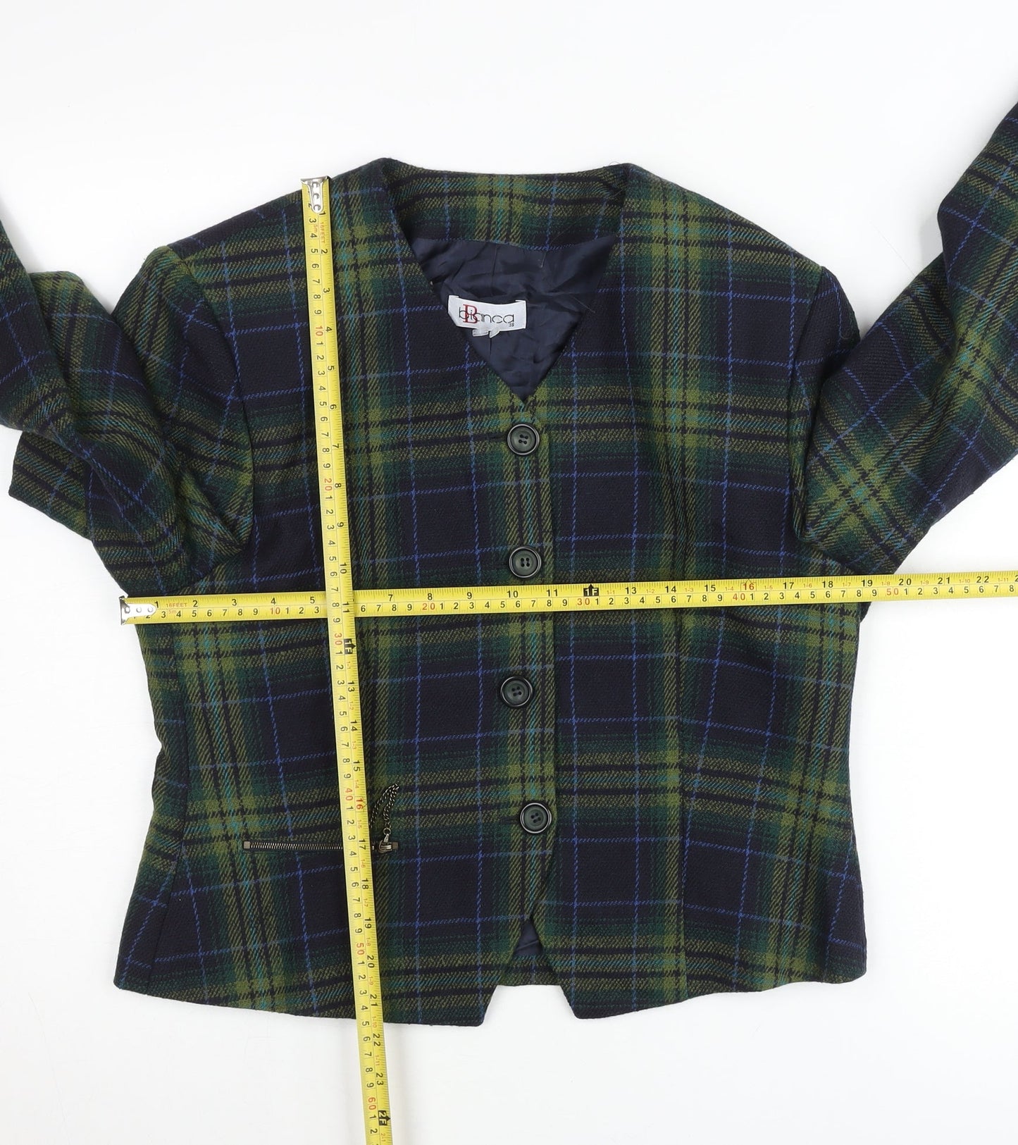 Bianca Womens Green Checked Wool Blend Blazer Jacket Size 10