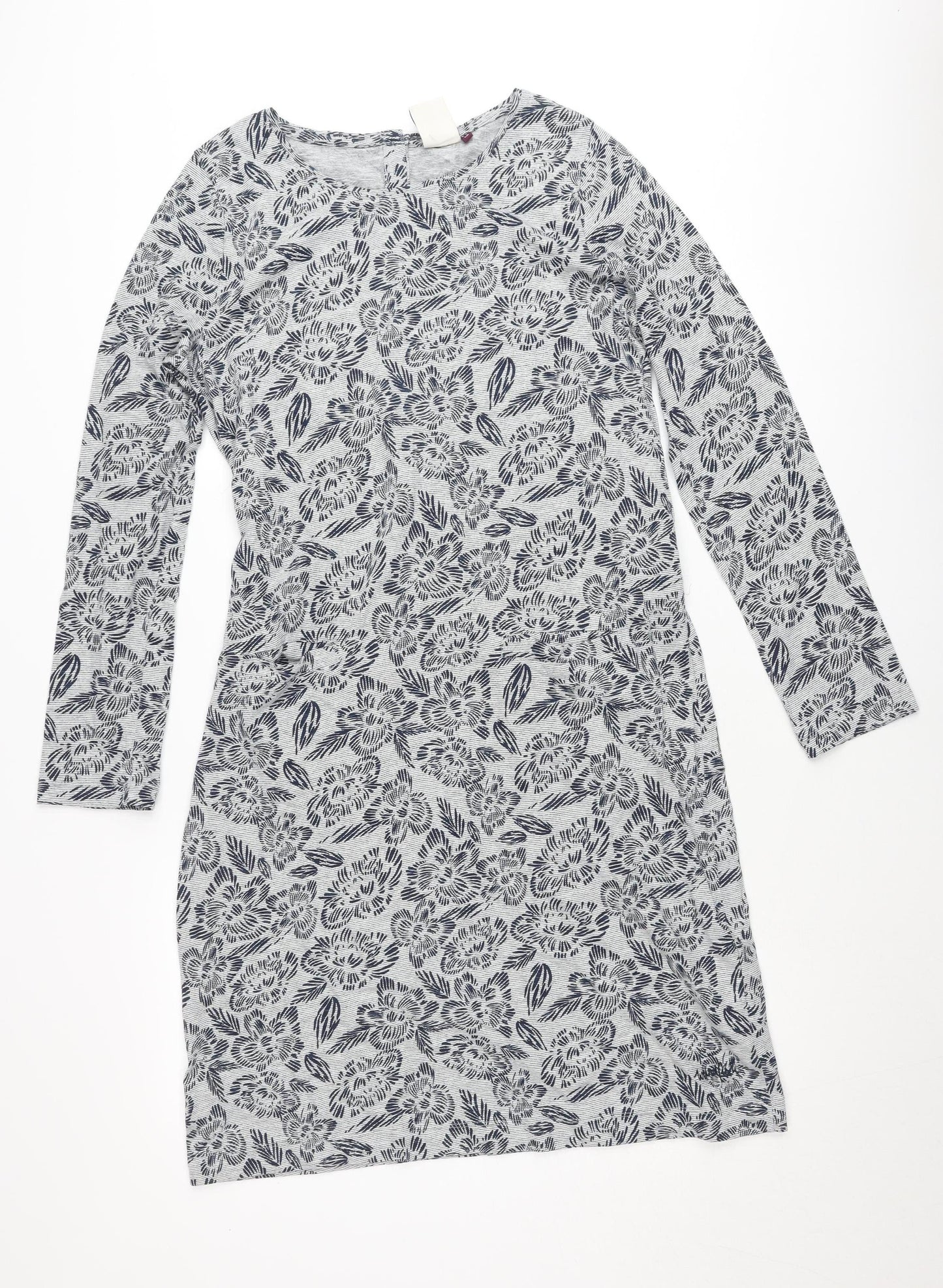 Weird Fish Women's Grey Floral Shift Dress Size 12 Long Sleeve