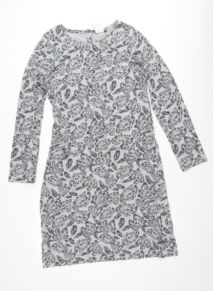 Weird Fish Women's Grey Floral Shift Dress Size 12 Long Sleeve