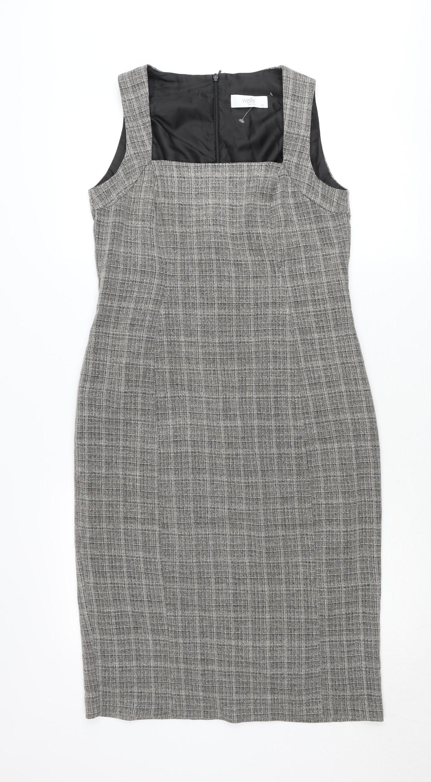 Wallis Petite Grey Check Sheath Dress Women’s Size 12 Sleeveless Workwear