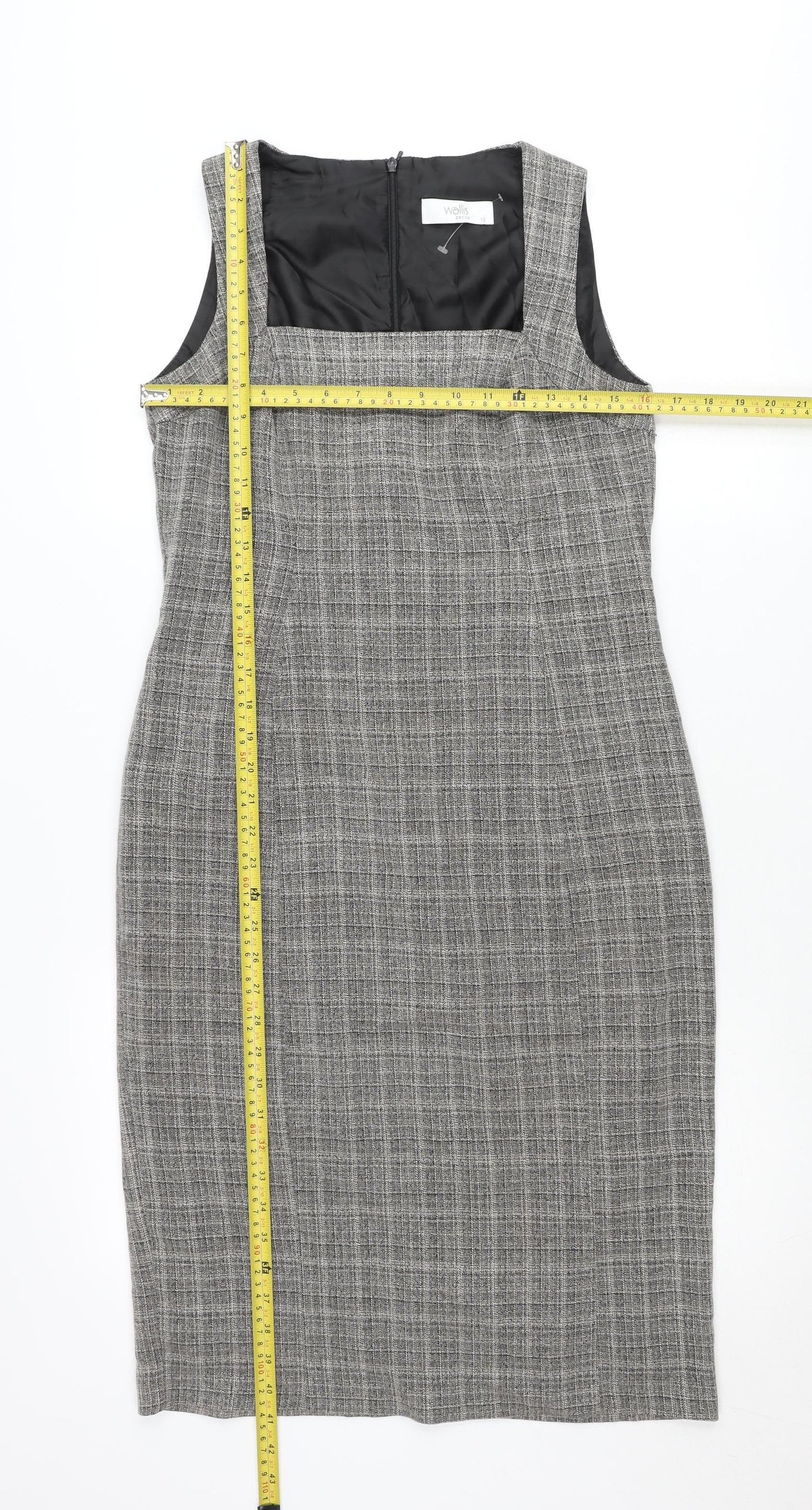 Wallis Petite Grey Check Sheath Dress Women’s Size 12 Sleeveless Workwear