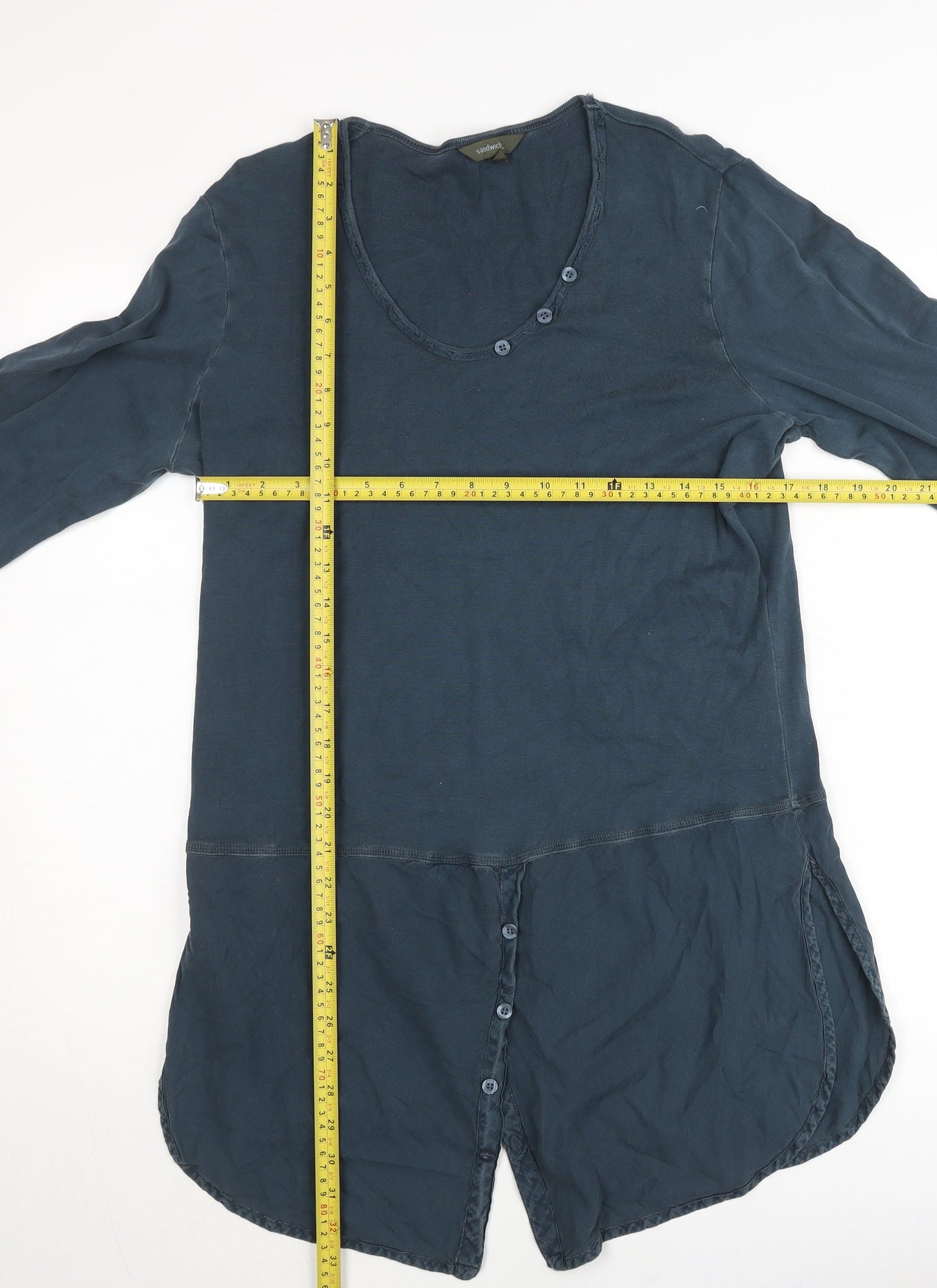 Sandwich Women’s Blue Cotton Tunic Blouse XL 3/4 Sleeve Scoop Neck