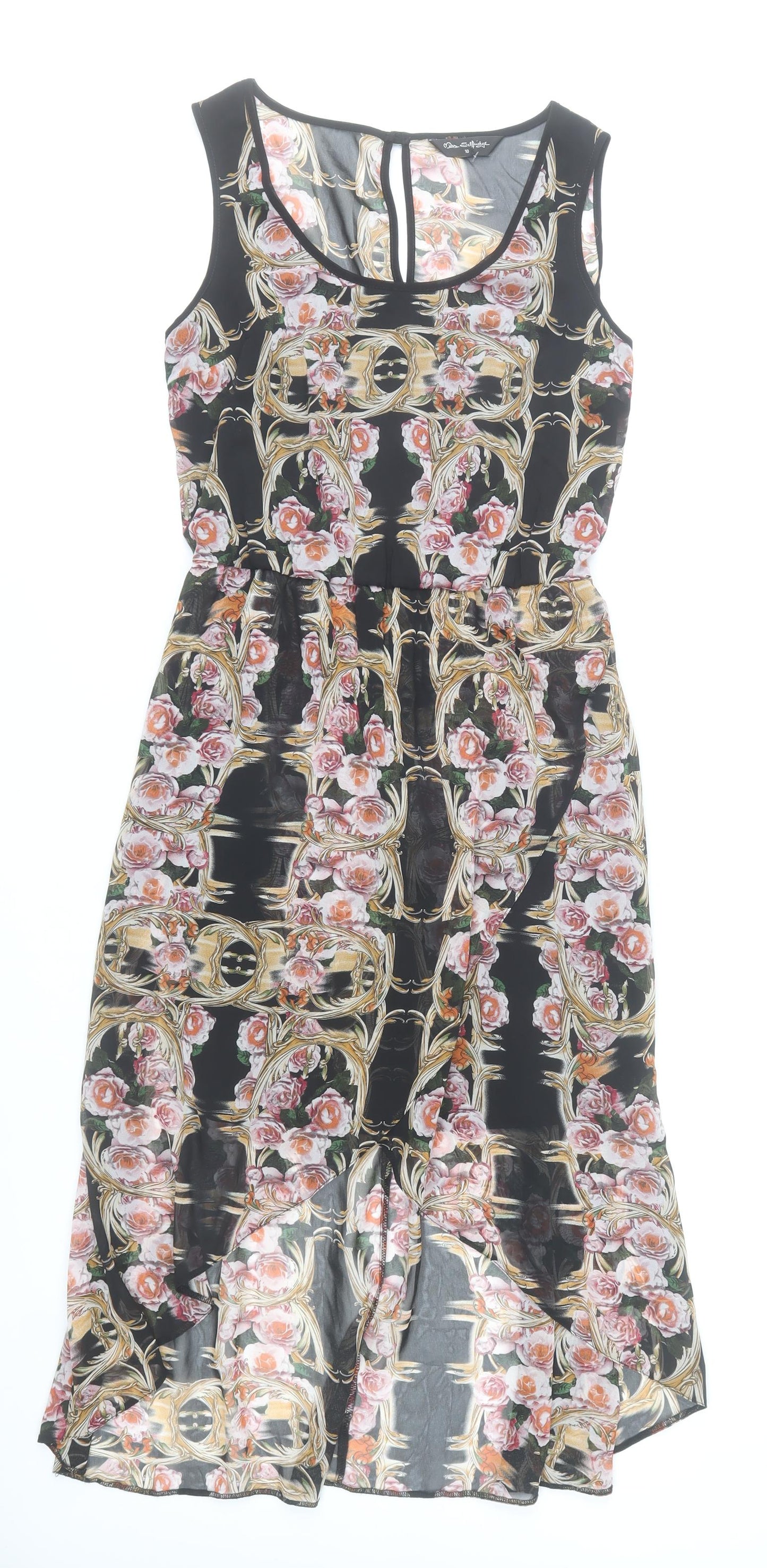 Miss Selfridge Womens Black Floral Midi Fit & Flare Dress Size 10