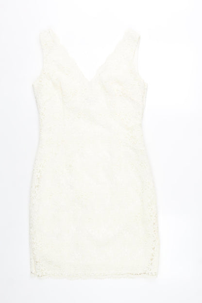 Ann Taylor Women Ivory Lace Sheath Dress Size 6 V-Neck Sleeveless