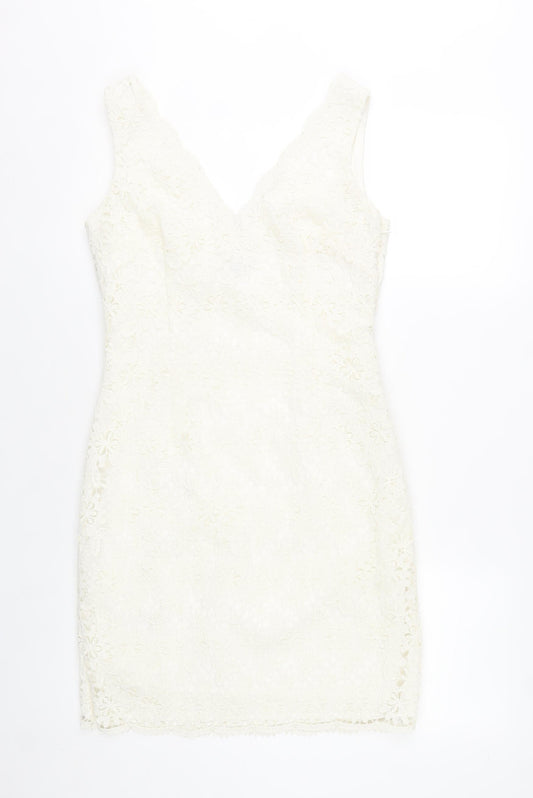 Ann Taylor Women Ivory Lace Sheath Dress Size 6 V-Neck Sleeveless