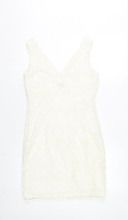 Ann Taylor Women Ivory Lace Sheath Dress Size 6 V-Neck Sleeveless