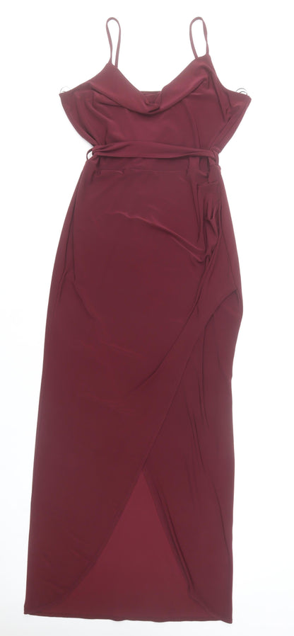 LOVE Women’s Red Size 12 Slip Maxi Dress Cowl Neck Belted