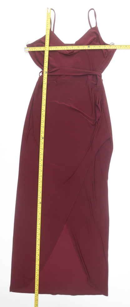 LOVE Women’s Red Size 12 Slip Maxi Dress Cowl Neck Belted
