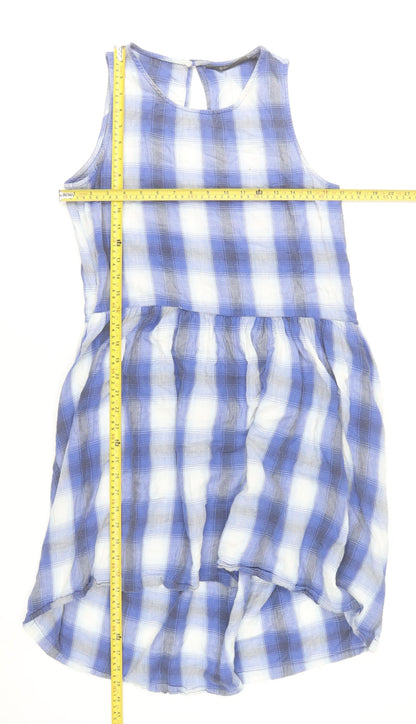 Topshop Women Blue Check Cotton Sleeveless Skater Dress Size 10