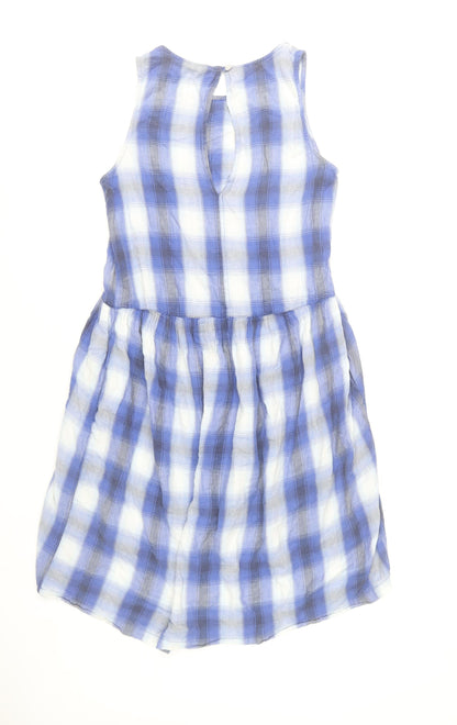 Topshop Women Blue Check Cotton Sleeveless Skater Dress Size 10