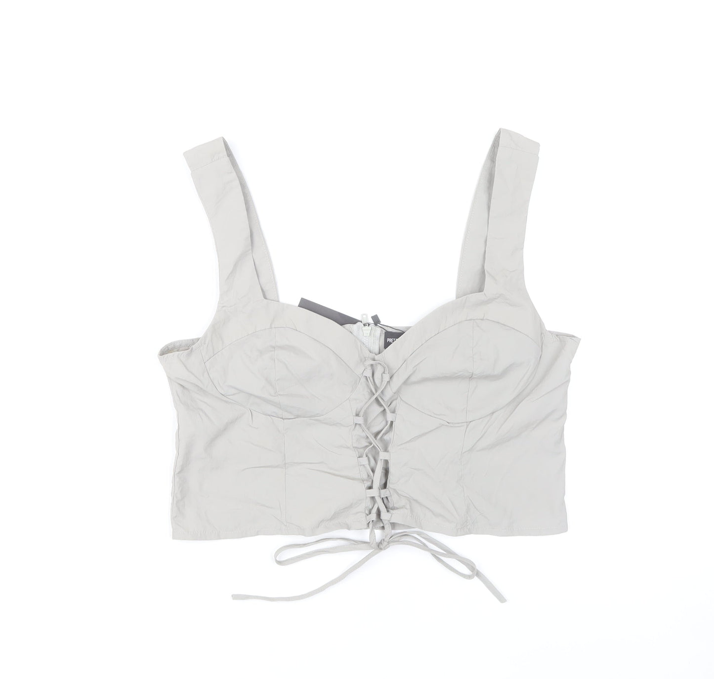 PrettyLittleThing Womens Grey Cropped Sweetheart Lace Up Blouse Size 14