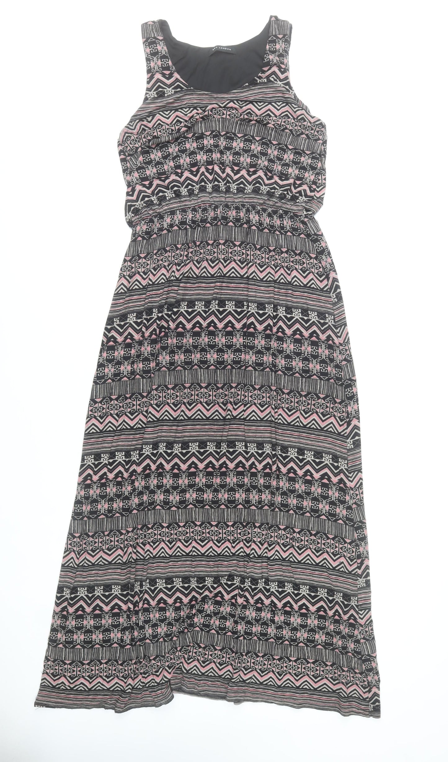 QED London Women’s Black Pink Aztec Maxi Dress Size M Sleeveless Scoop Neck