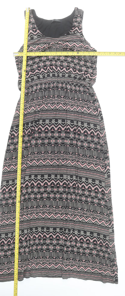 QED London Women’s Black Pink Aztec Maxi Dress Size M Sleeveless Scoop Neck