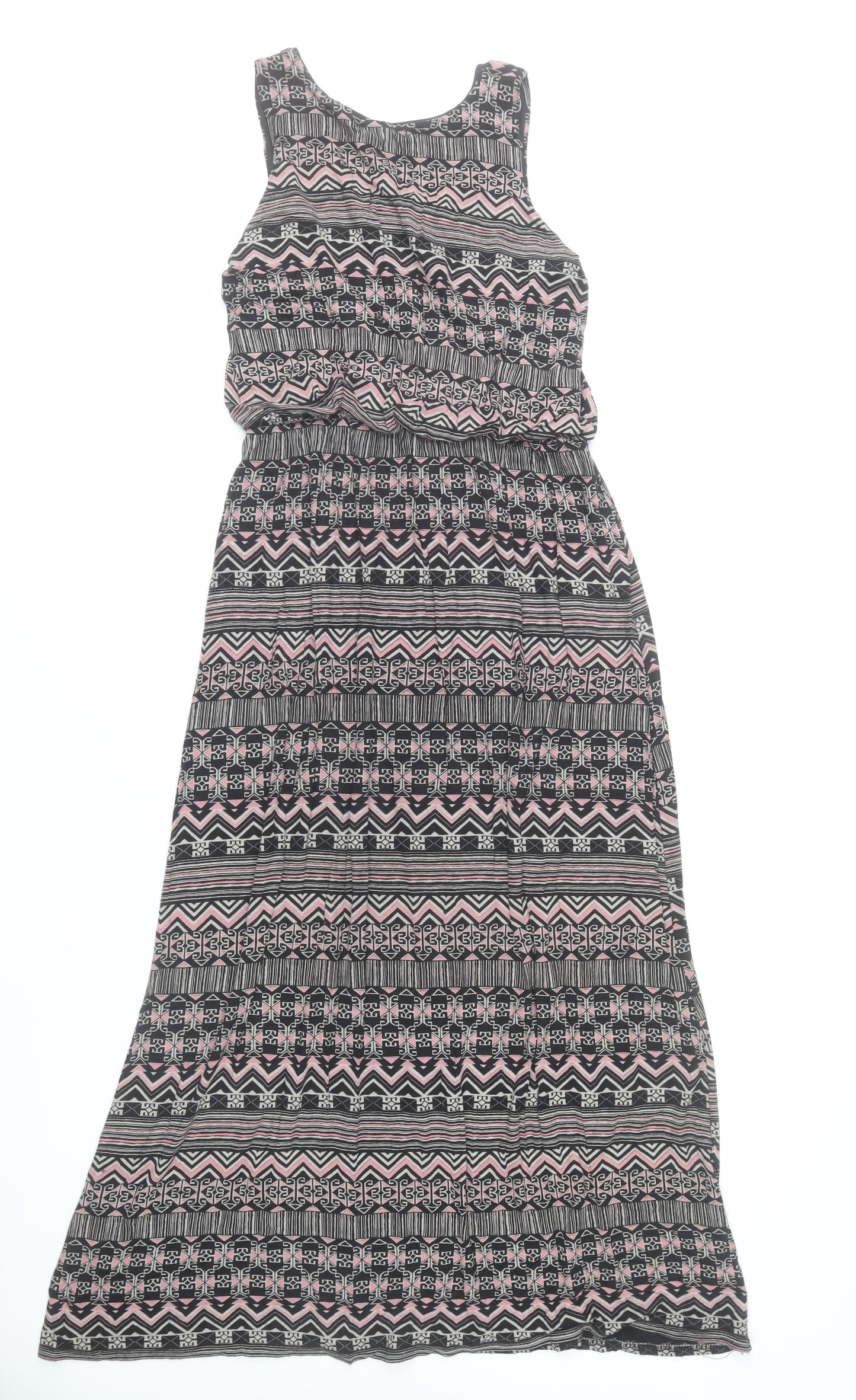 QED London Women’s Black Pink Aztec Maxi Dress Size M Sleeveless Scoop Neck