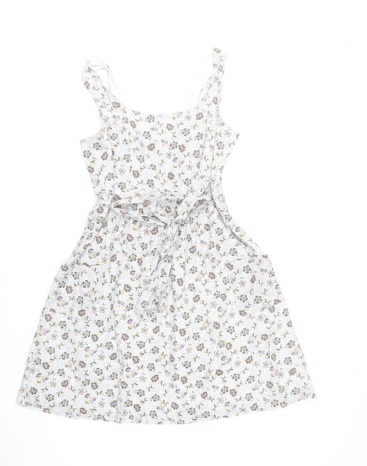 Fat Face Womens Ivory Floral A-Line Dress Size 12 Sleeveless Knee Length Cotton