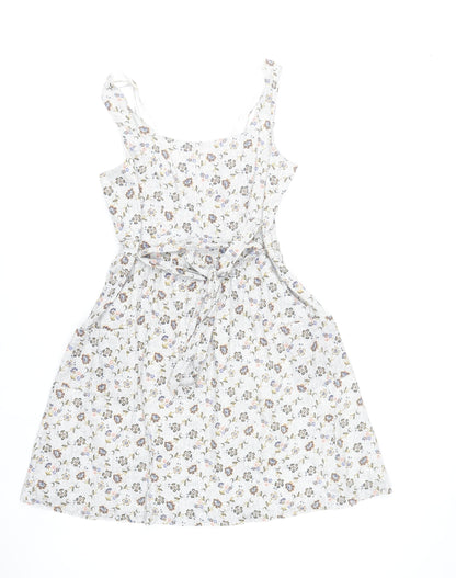 Fat Face Womens Ivory Floral A-Line Dress Size 12 Sleeveless Knee Length Cotton