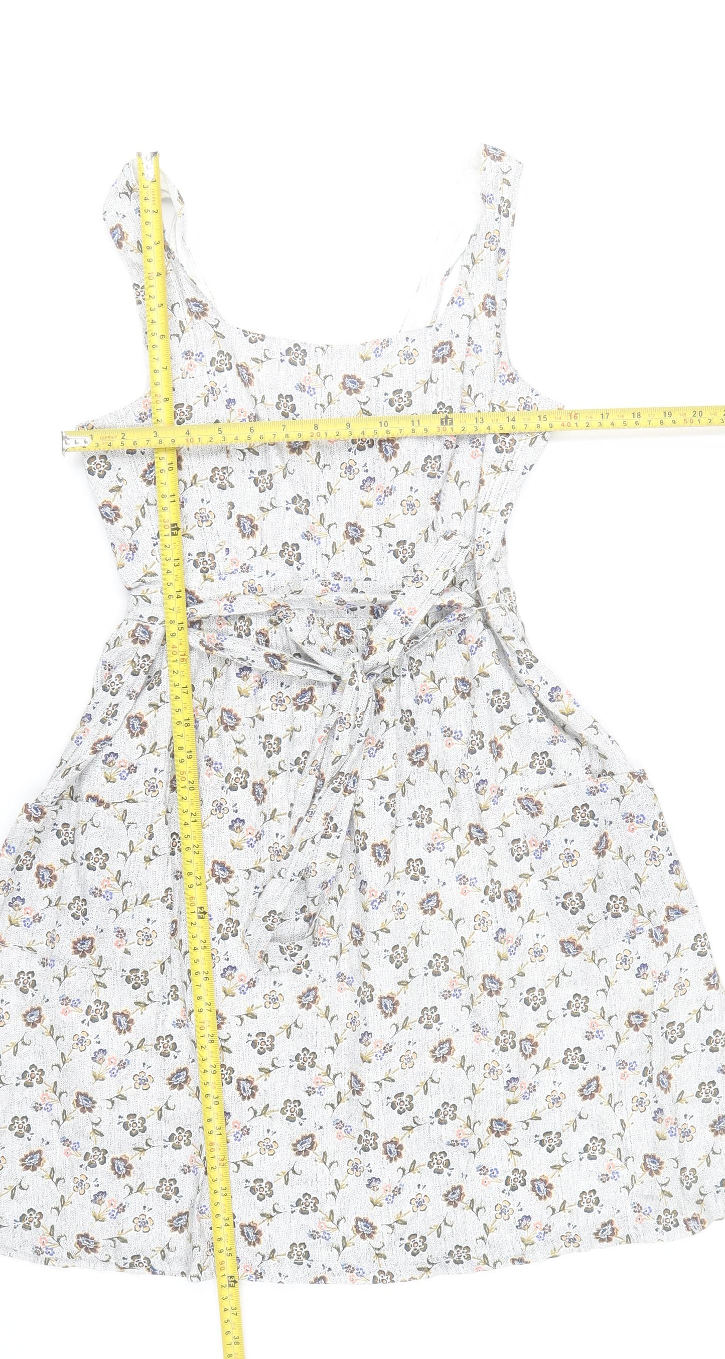 Fat Face Womens Ivory Floral A-Line Dress Size 12 Sleeveless Knee Length Cotton