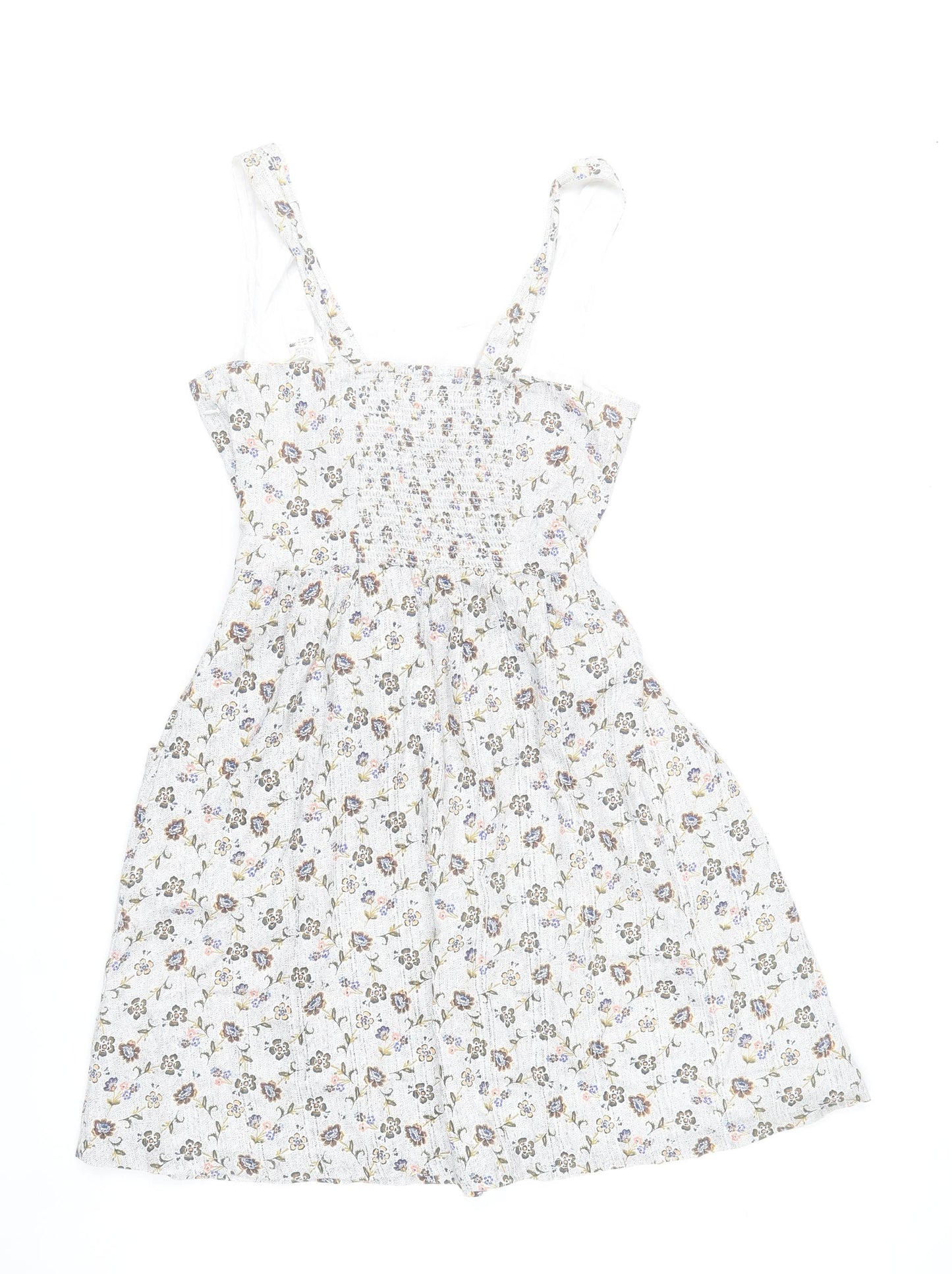 Fat Face Womens Ivory Floral A-Line Dress Size 12 Sleeveless Knee Length Cotton