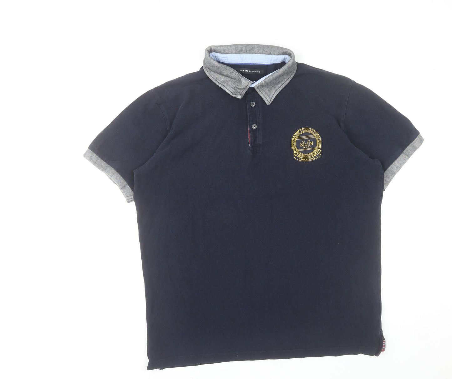 Selected Homme Men's Navy Blue XL Polo Shirt Short Sleeve Cotton