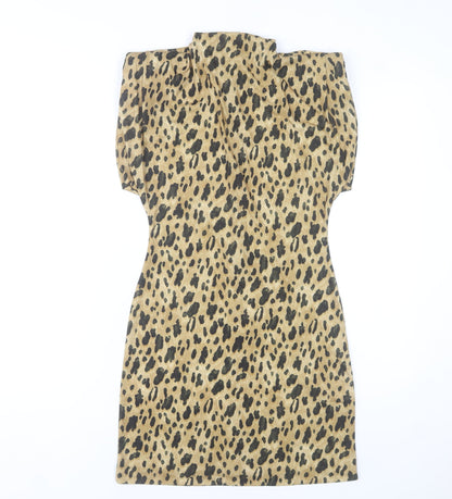 Zara Women Beige Leopard Print Sheath Dress Size 12 Short Sleeve High Neck