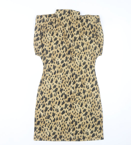 Zara Women Beige Leopard Print Sheath Dress Size 12 Short Sleeve High Neck