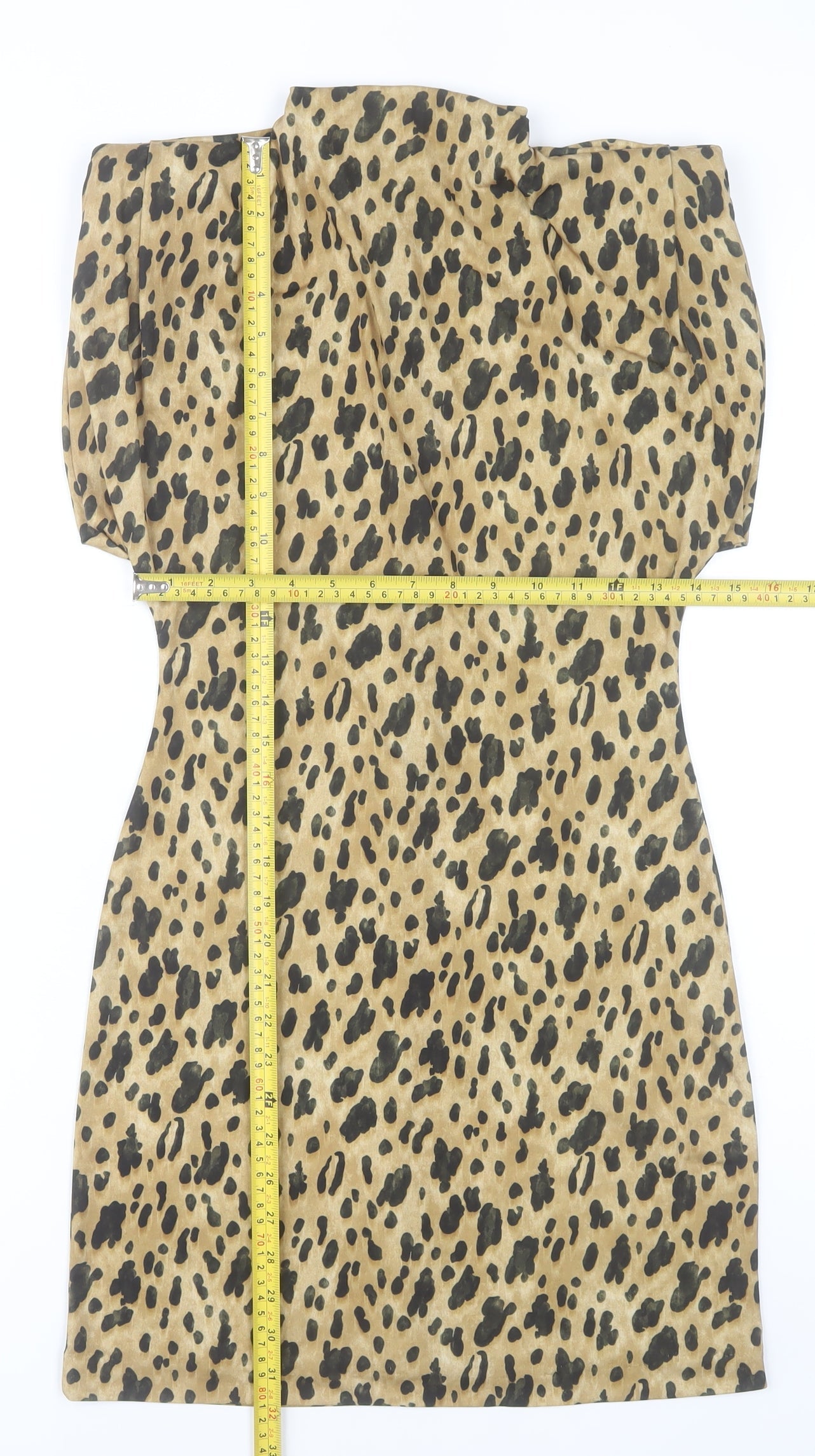 Zara Women Beige Leopard Print Sheath Dress Size 12 Short Sleeve High Neck