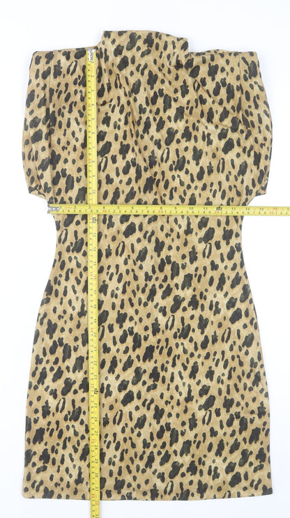 Zara Women Beige Leopard Print Sheath Dress Size 12 Short Sleeve High Neck