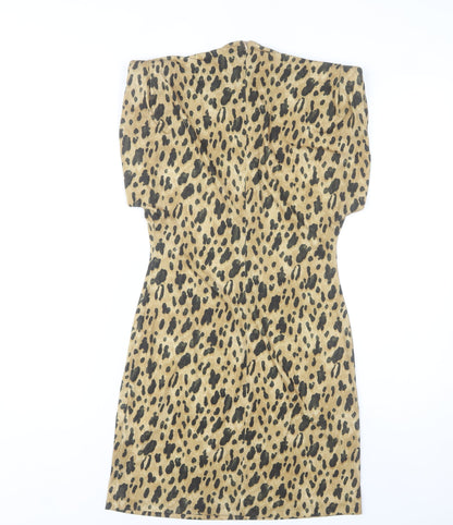 Zara Women Beige Leopard Print Sheath Dress Size 12 Short Sleeve High Neck