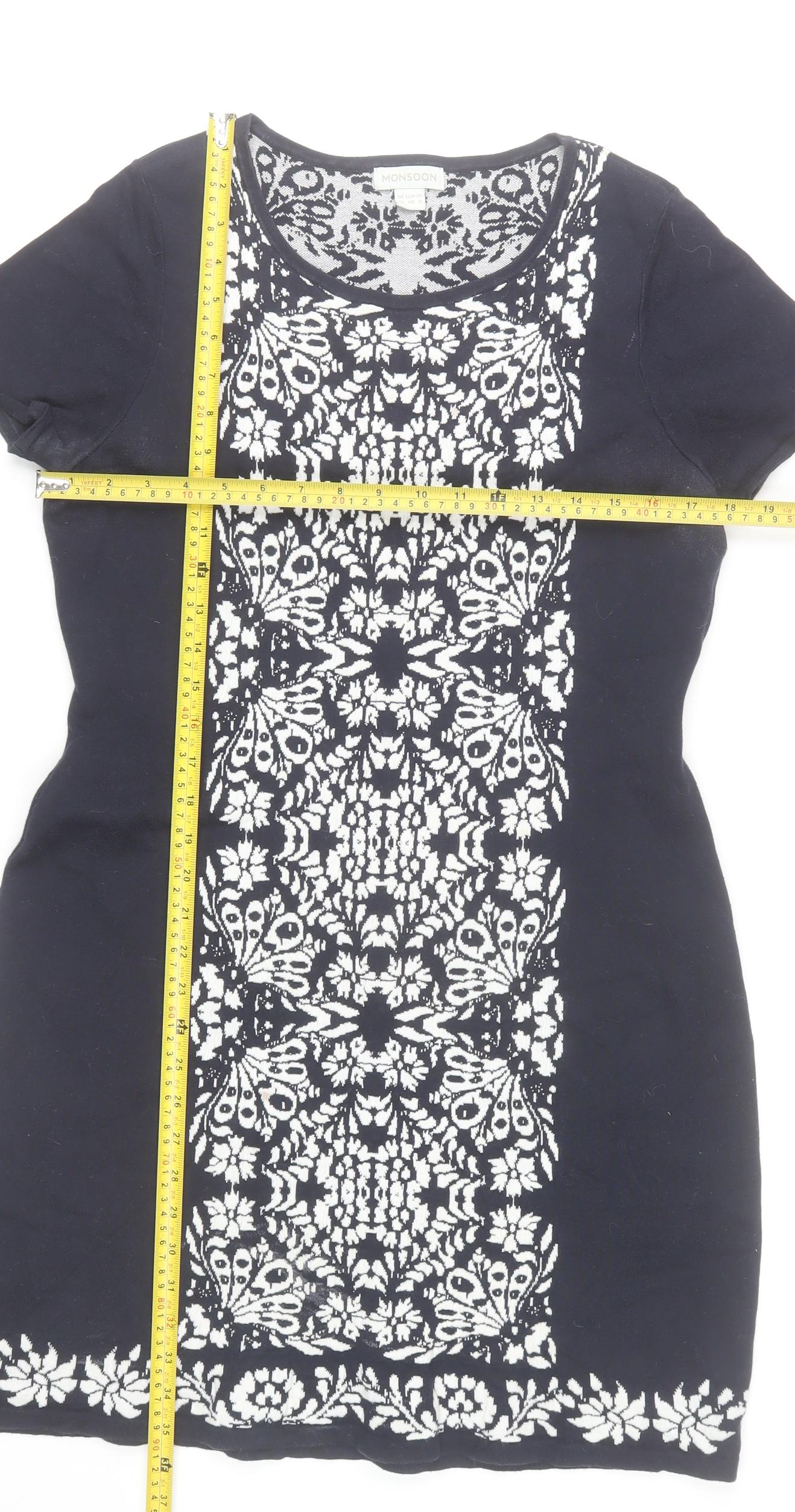 Monsoon Women Black Floral Sheath Dress Size 12 Short Sleeve