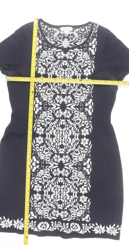 Monsoon Women Black Floral Sheath Dress Size 12 Short Sleeve