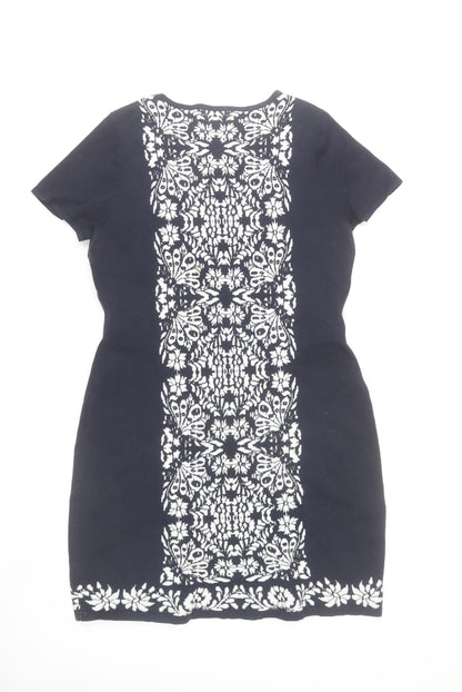 Monsoon Women Black Floral Sheath Dress Size 12 Short Sleeve