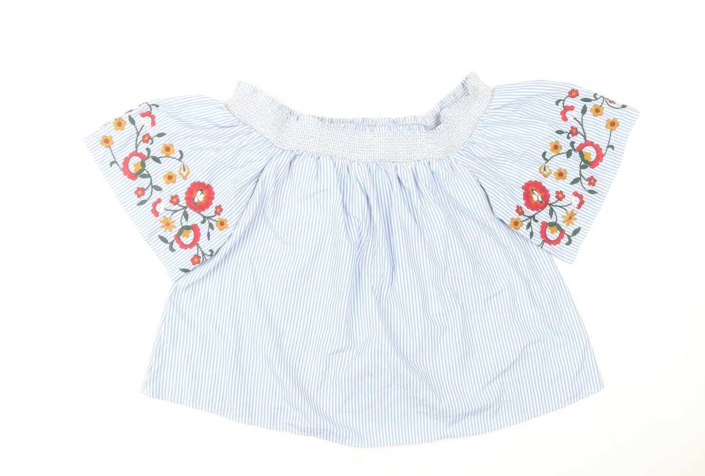Marks and Spencer Women’s Blue Striped Floral Embroidered Off Shoulder Blouse Size 16
