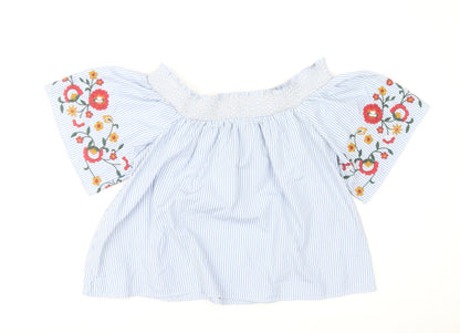 Marks and Spencer Women’s Blue Striped Floral Embroidered Off Shoulder Blouse Size 16