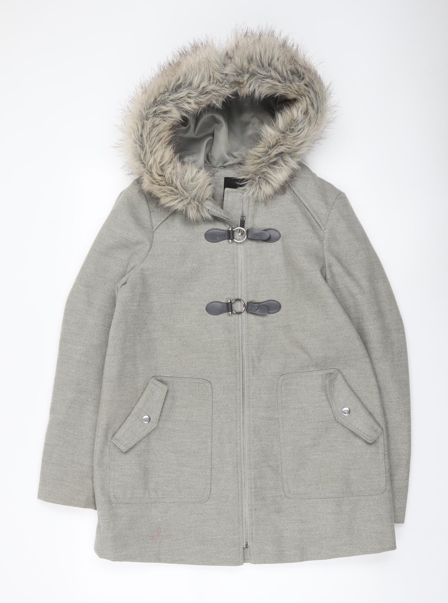 New Look Women’s Grey Fur Hooded Parka Coat UK 10 Mid-Length Winter