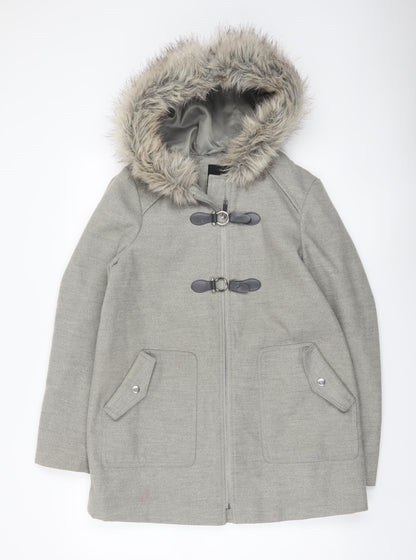 New Look Women’s Grey Fur Hooded Parka Coat UK 10 Mid-Length Winter