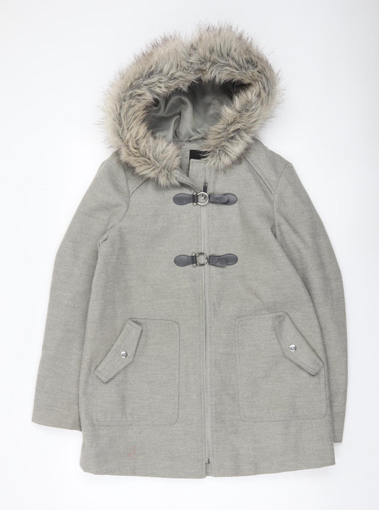 New Look Women’s Grey Fur Hooded Parka Coat UK 10 Mid-Length Winter