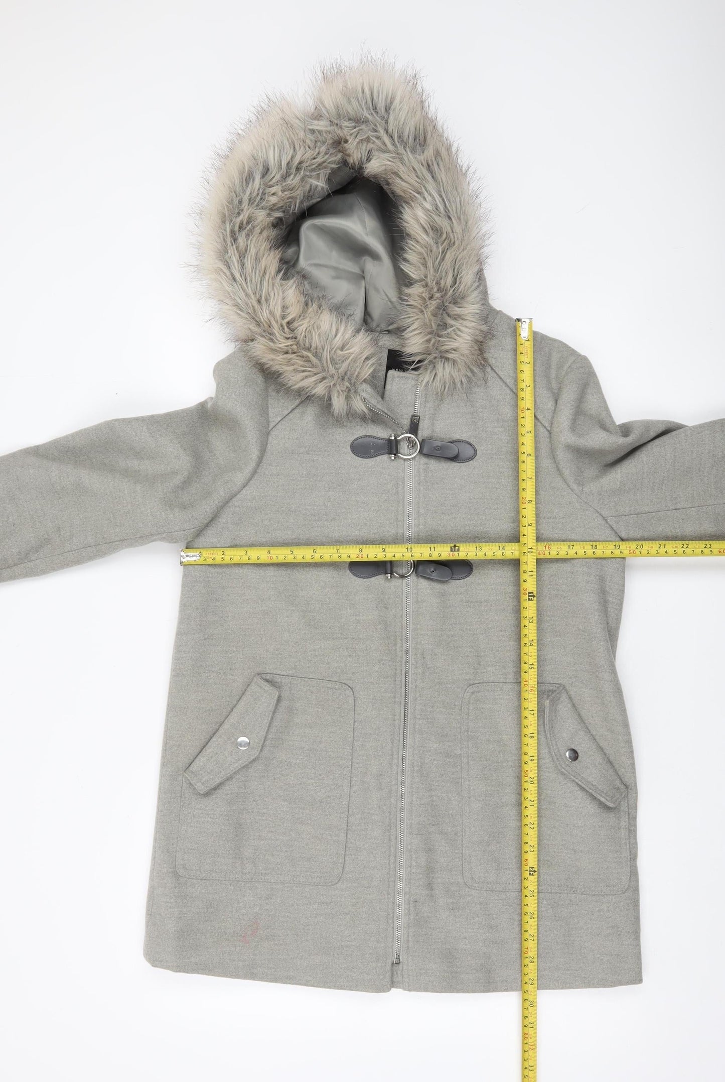 New Look Women’s Grey Fur Hooded Parka Coat UK 10 Mid-Length Winter