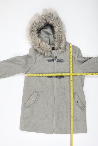 New Look Women’s Grey Fur Hooded Parka Coat UK 10 Mid-Length Winter