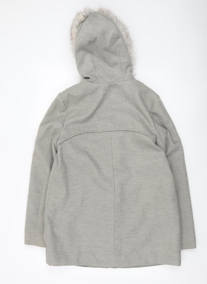 New Look Women’s Grey Fur Hooded Parka Coat UK 10 Mid-Length Winter