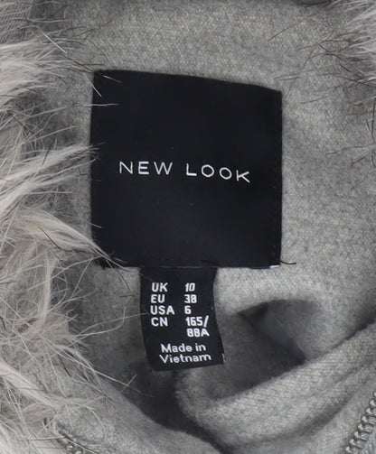 New Look Women’s Grey Fur Hooded Parka Coat UK 10 Mid-Length Winter