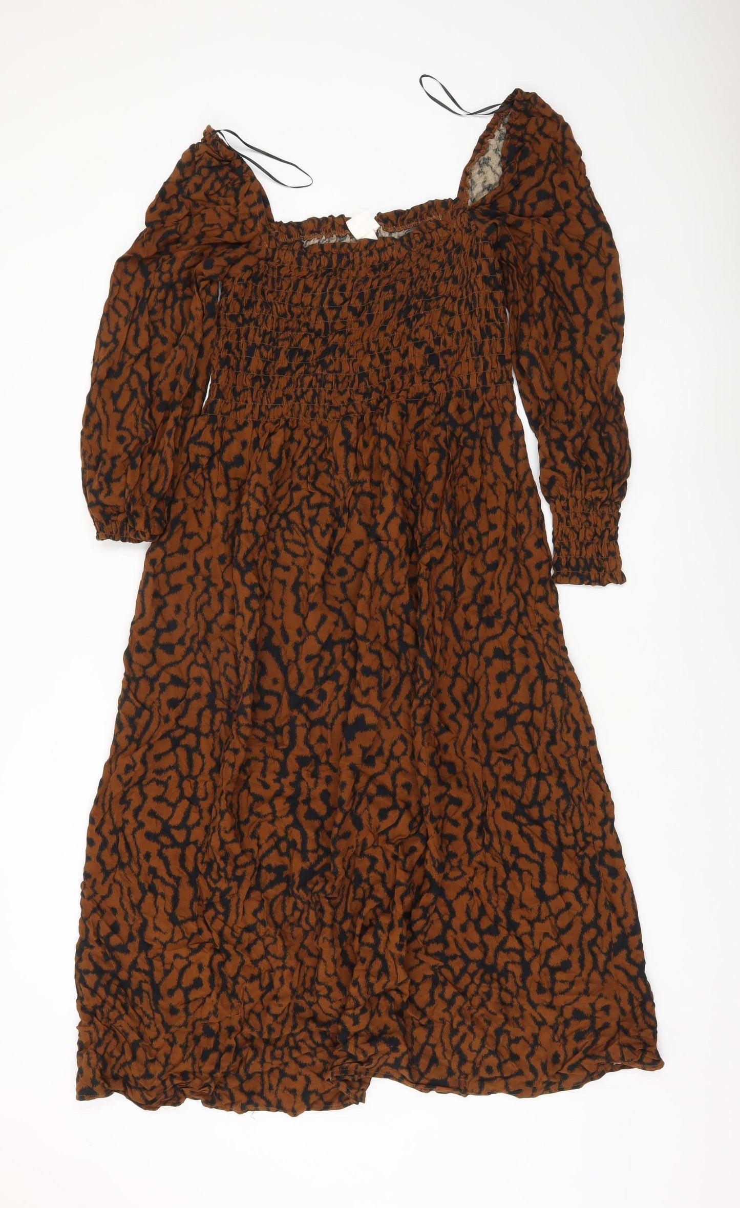 H&M Women’s Brown Animal Print Midi Smocked Dress Size 8