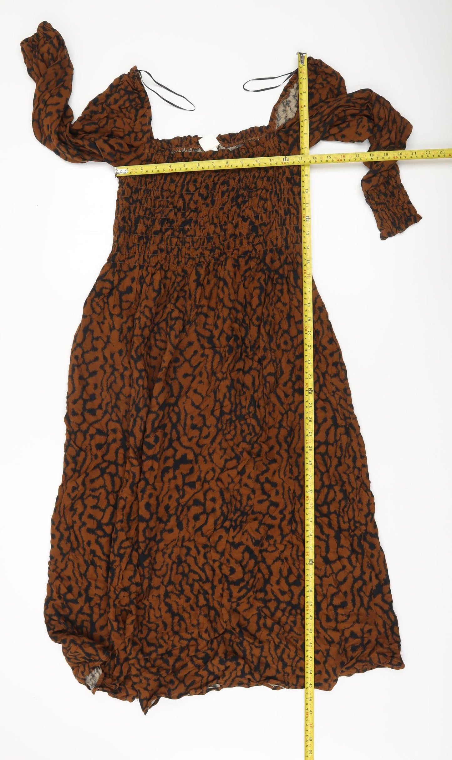 H&M Women’s Brown Animal Print Midi Smocked Dress Size 8