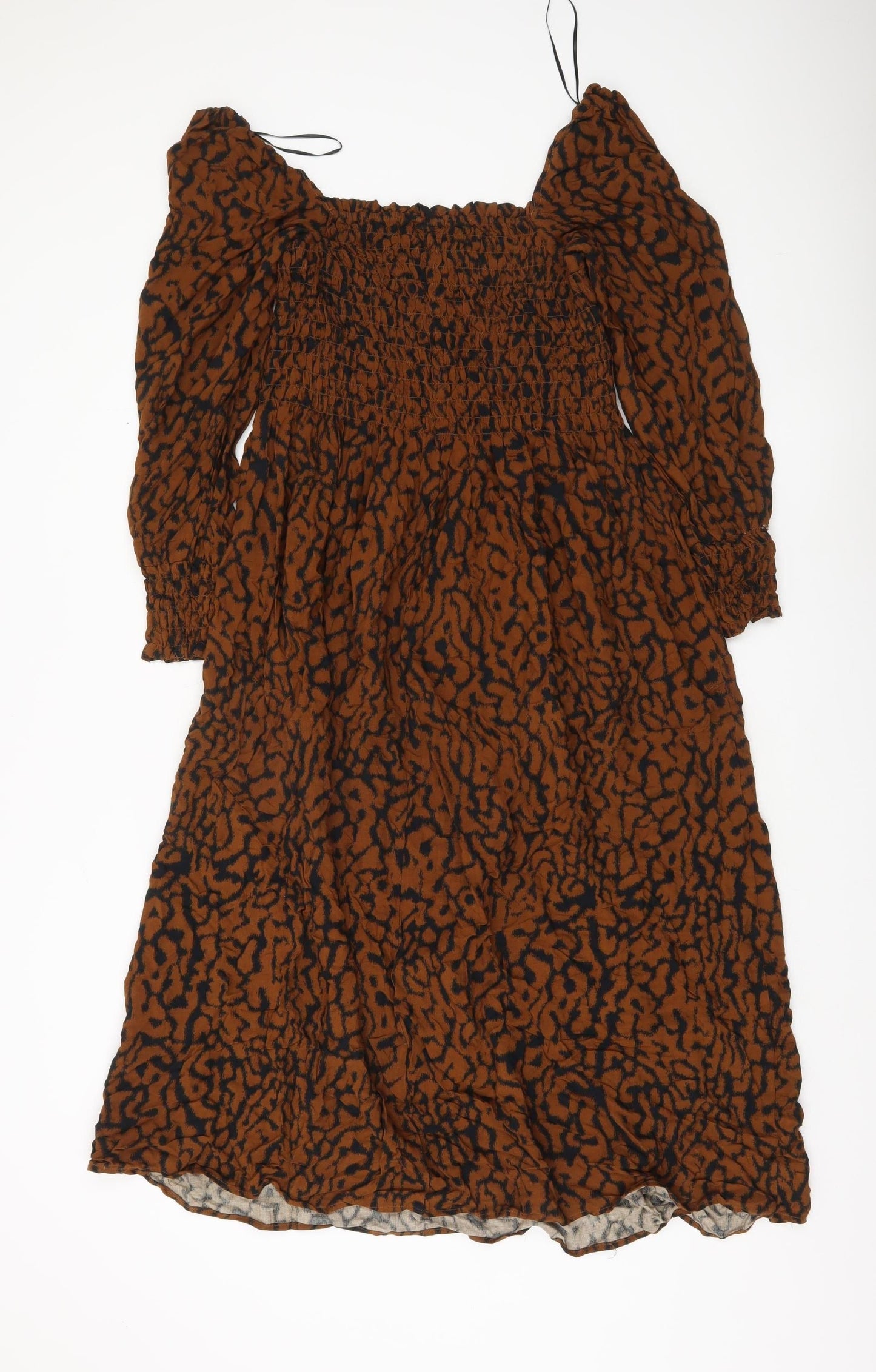 H&M Women’s Brown Animal Print Midi Smocked Dress Size 8