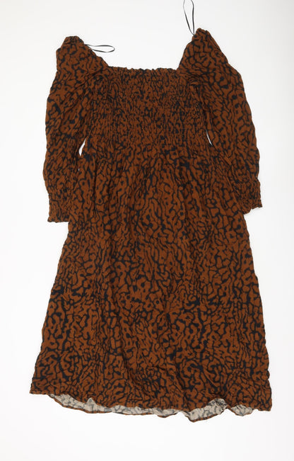 H&M Women’s Brown Animal Print Midi Smocked Dress Size 8