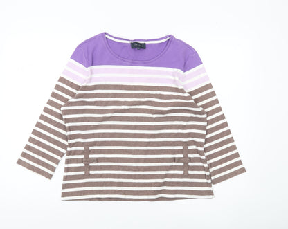 Viyella Women’s Purple Brown Striped Cotton Top L 3/4 Sleeve