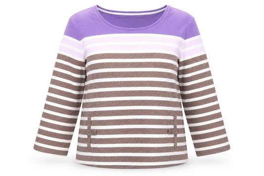 Viyella Women’s Purple Brown Striped Cotton Top L 3/4 Sleeve