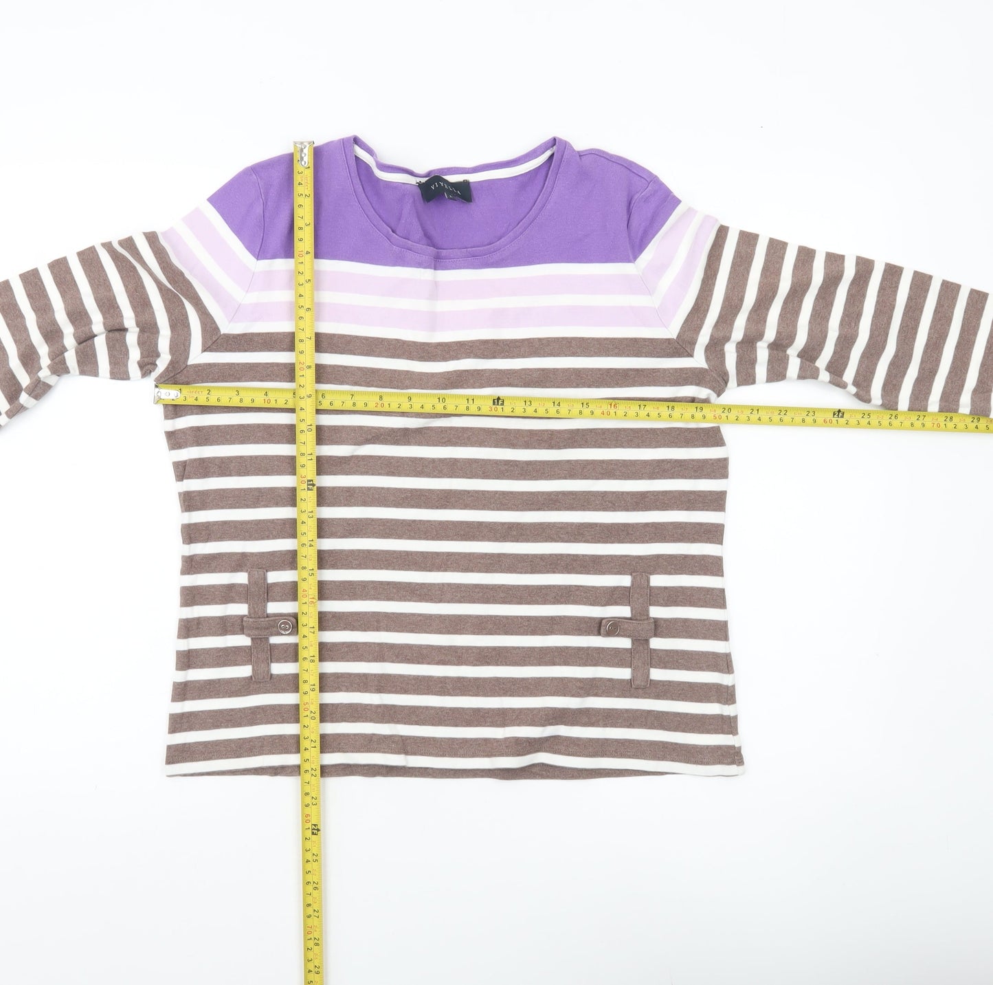 Viyella Women’s Purple Brown Striped Cotton Top L 3/4 Sleeve