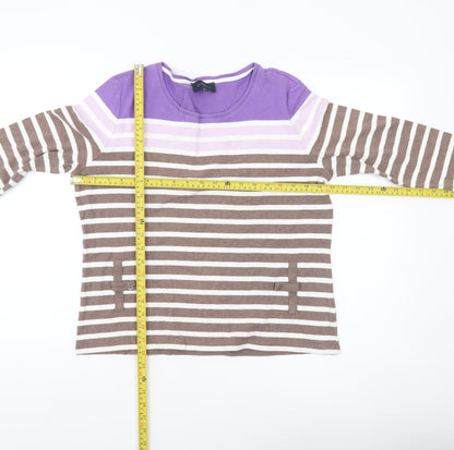 Viyella Women’s Purple Brown Striped Cotton Top L 3/4 Sleeve