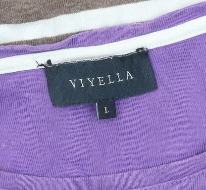 Viyella Women’s Purple Brown Striped Cotton Top L 3/4 Sleeve