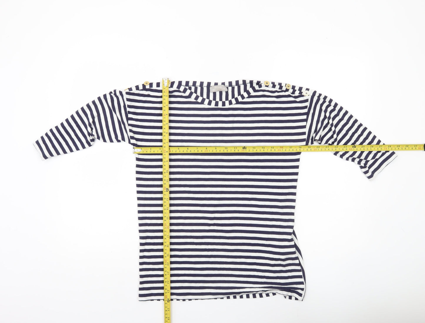 Maria Bellentani Women’s Blue White Striped Boat Neck 3/4 Sleeve Top L